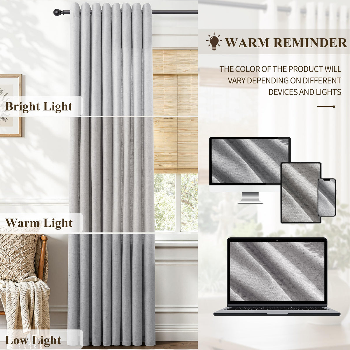 Grey Grommet Linen Curtains 84 Inches Long for Living Room (Grey / 52"W x 84"L (Pack of 2))