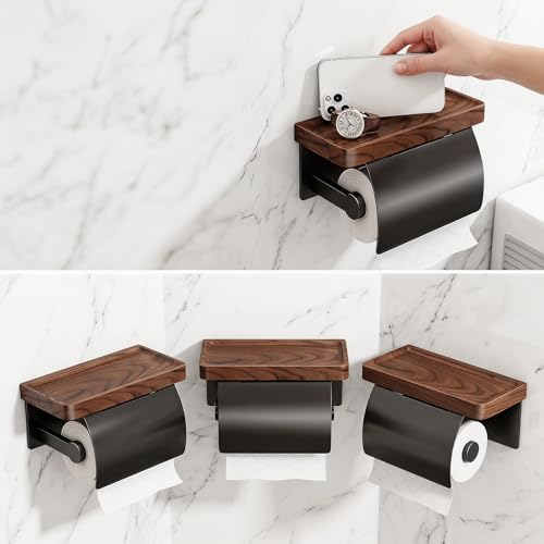 Toilet Paper Holder with Wooden Walnut Shelf