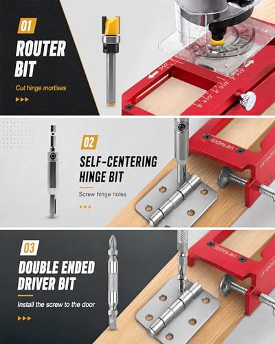 All-in-one Door Hinge Jig & Door Lock and Door Latch Installation Kit, Aluminum Alloy Adjustable Mortise Template for Router, Fits 2.5"–5" Hinges with 1/4" or 5/8" Radius Square Corners