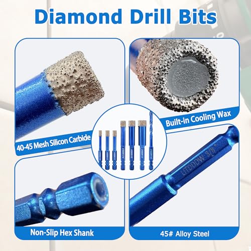 7 Pack Hex Shank Diamond Drill Bits & Carbide Tile Drill Bit Set (7 Pcs 3/16"-1/2" Mixed Styles)
