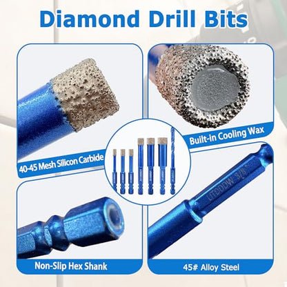 7 Pack Hex Shank Diamond Drill Bits & Carbide Tile Drill Bit Set (7 Pcs 3/16"-1/2" Mixed Styles)