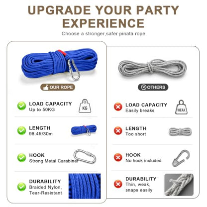 98.4 ft Heavy Duty Nylon Piñata Hanging Rope with D