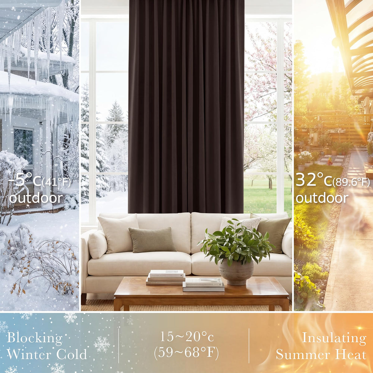 Blackout Curtains Thermal Insulated Window Treatment Panels Room Darkening Shade Drapes for Living Room Back Tab (Brown / 34"W x 63"L (Pack of 2))