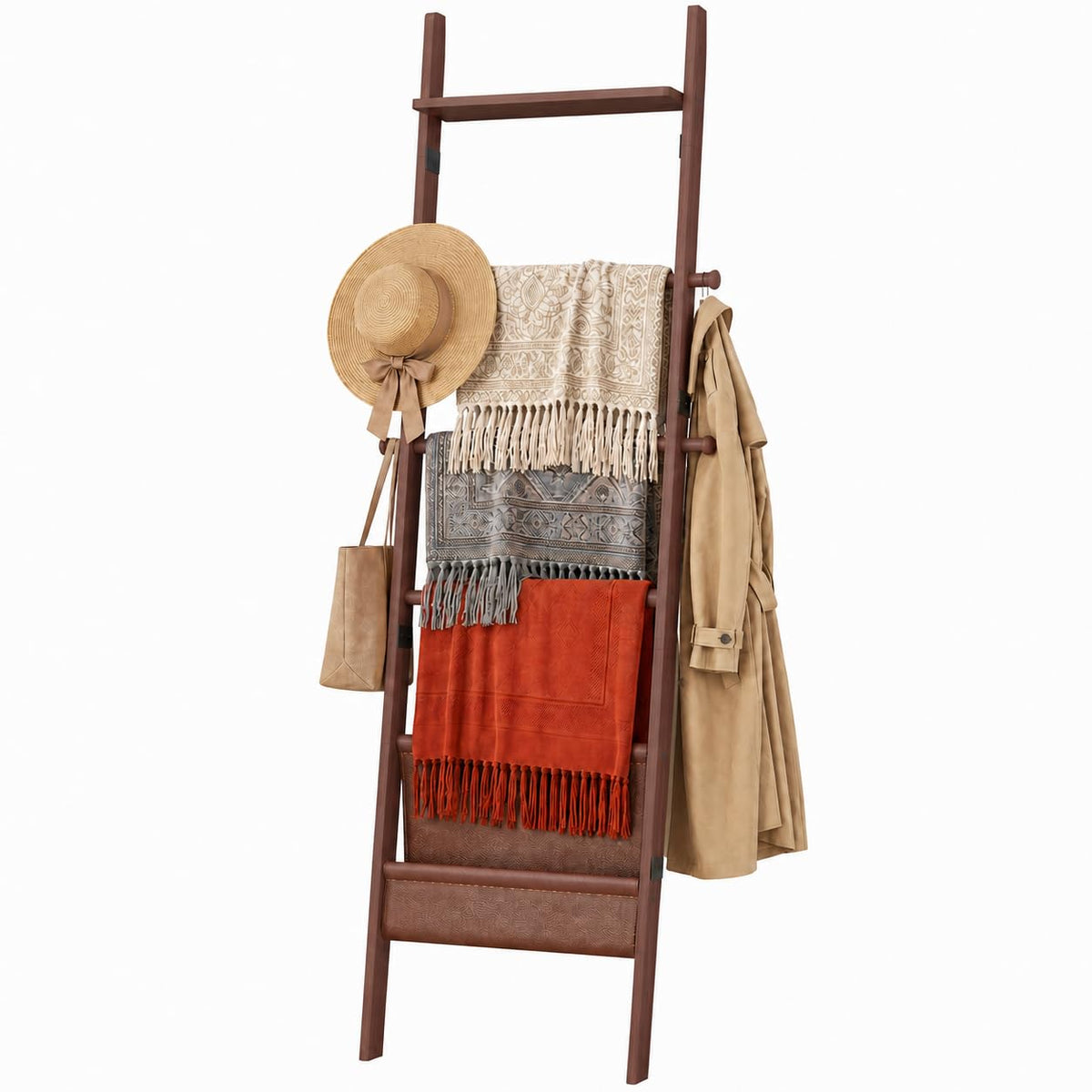 71" 4-in-1 Blanket Ladder for Living Room, 5-Tier Leaning Bamboo Decorative Towel & Quilt Rack with Magazine Leather Pocket, 4 Detachable Hanging Bars, Space-Saving Shelf for Bedroom (Brown) (Brown)