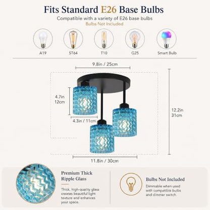 Modern Ceiling Light Fixture Black 3 Lights with Blue Glass Shade (3Light-Blue)