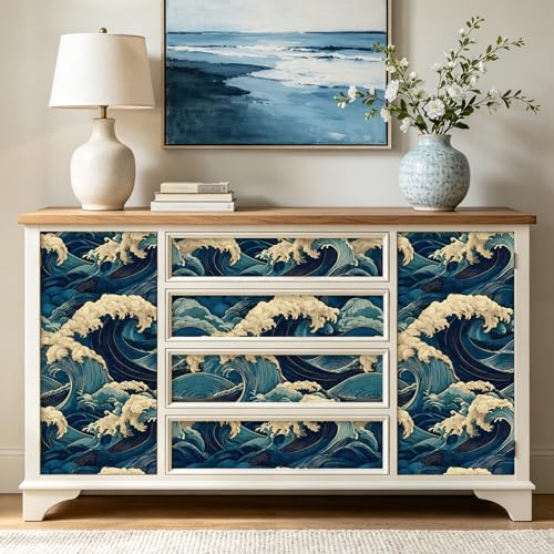 Vintage Coastal Wave Peel and Stick Wallpaper Navy Blue Cream Seamless Ocean Oriental Removable Waterproof Contact Paper for Accent Wall Bathroom Bedroom Nursery Kids Room Home Décor