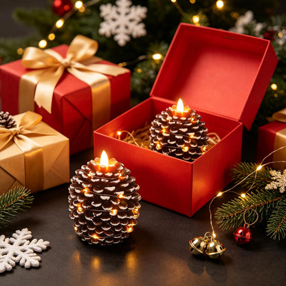 Pine Cone Flameless Candles with 6H Timer String Lights (2-White with string)