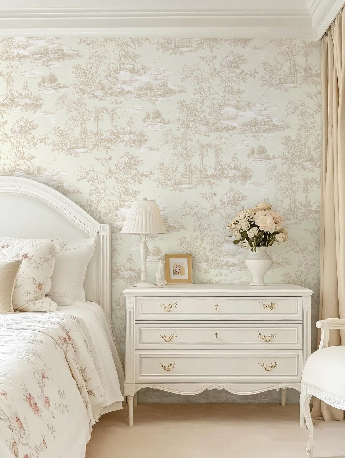 Peel and Stick Wallpaper Vintage Beige and Cream Neutral Wallpaper Toile Removable Self (Beige / 17.3" x 196.8")