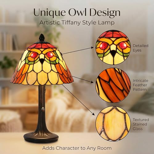Tiffany Style Table Lamp Stained Glass Vintage Owl Bedside Light