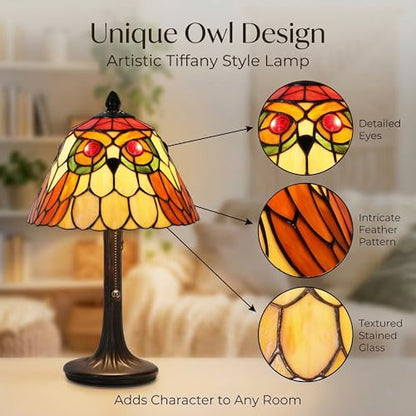 Tiffany Style Table Lamp Stained Glass Vintage Owl Bedside Light