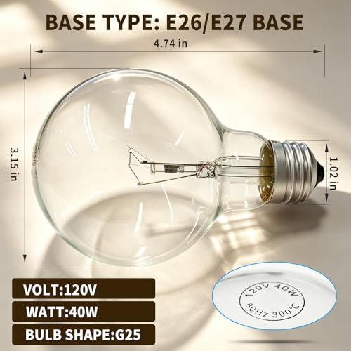 40W Clear Incandescent Bulbs G25 Globe Light Bulbs for E26
