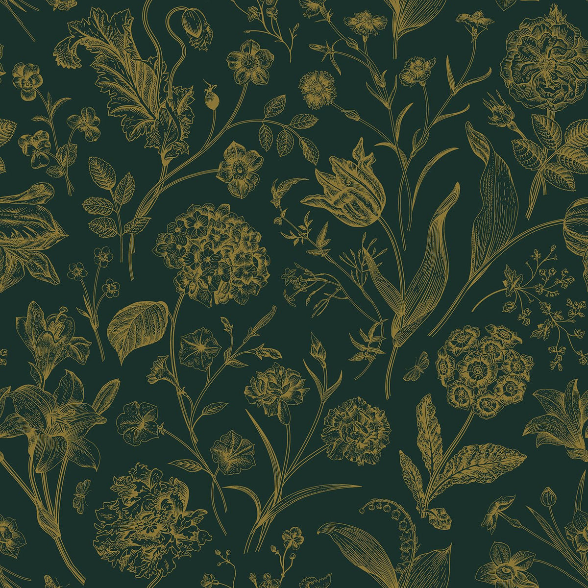 Dark Green and Gold Floral Peel and Stick Wallpaper 17in x118in (Green/Gold / 17.3" x 118.1")