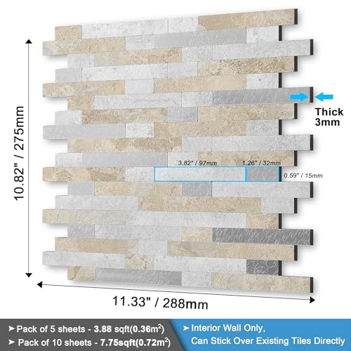 Marble Peel and Stick Backsplash Stick Tiles Subway Beige Gray 10 (Beige Grey)