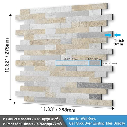 Marble Peel and Stick Backsplash Stick Tiles Subway Beige Gray 10 (Beige Grey)