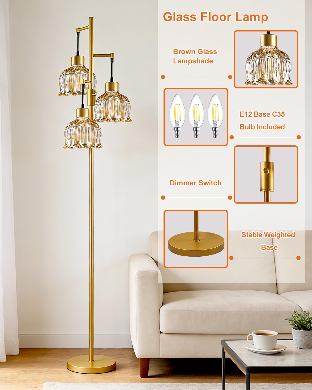 Amber Glass Floor Lamp Dimmable with LED Bulbs & Flower Shade (Amber-86I)