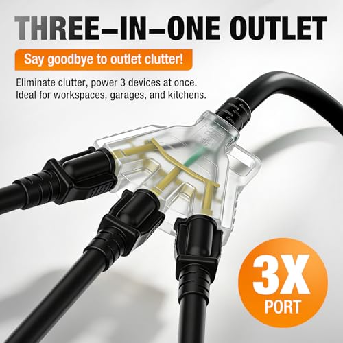 100FT 12 AWG Outdoor Extension Cord with Multiple Outlets Waterproof Black