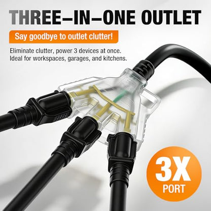 100FT 12 AWG Outdoor Extension Cord with Multiple Outlets Waterproof Black