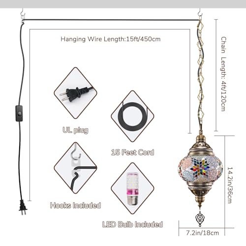 7.2" D Turkish Moroccan Mosaic Hanging Pendant Lamp Plug