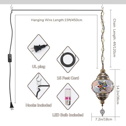 7.2" D Turkish Moroccan Mosaic Hanging Pendant Lamp Plug