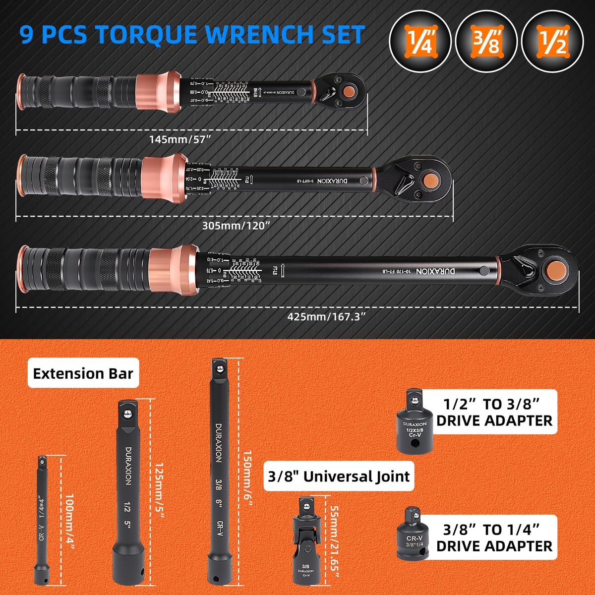 Torque Wrench Set 1 (1/4 3/8 1/2" 20-240IN.LB,5-50,10-170FT.LB)