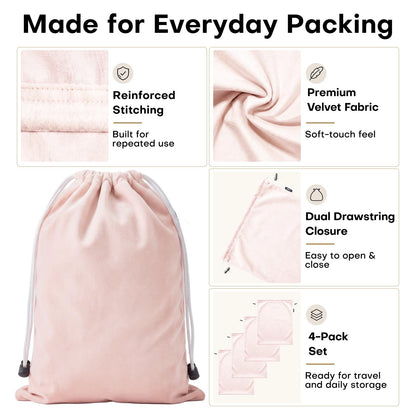 4 Pack Velvet Cloth Shoe Bags for Travel & Packing for Women & Men (Light Pink)
