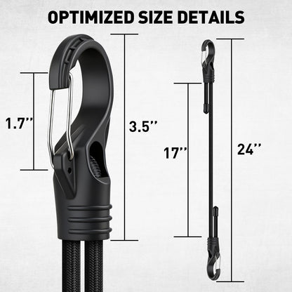 4-Piece 24-inch Adjustable Bungee Cords with Hooks, Easily Adjust from 7" to 24", Heavy Duty Outdoor Carabiner Bungee Cords, Black Super Elastic Cord for Cargo, Camping, Tents, Luggage (4pcs 24" Adjustable Black)
