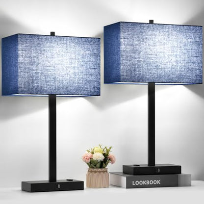21" Set of 2 Touch Control Table Lamps with 2 USB & AC Outlets