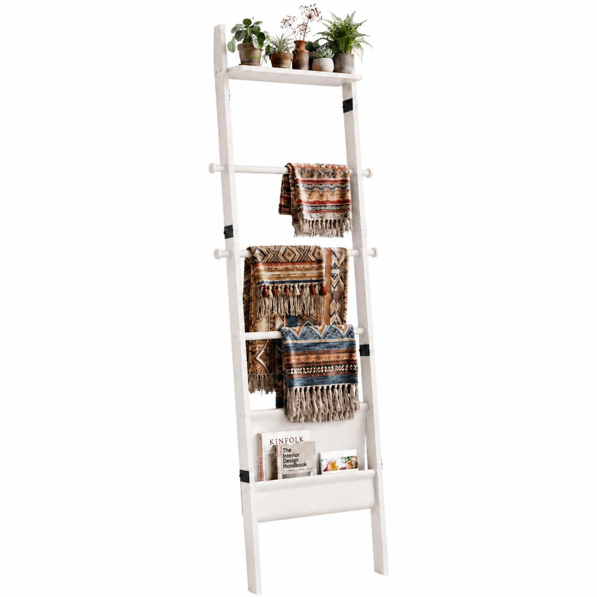 71" 4-in-1 Blanket Ladder for Living Room, 5-Tier Leaning Bamboo Decorative Towel & Quilt Rack with Magazine Leather Pocket, 4 Detachable Hanging Bars, Space-Saving Shelf for Bedroom (White) (White)