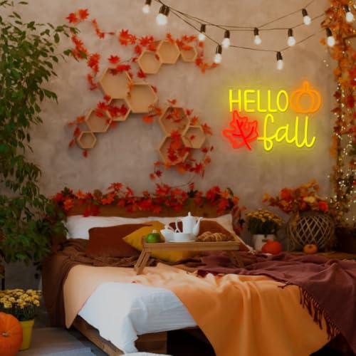 Hello Fall Neon Sign Dimmable Autumn Led Neon Lights With Maple Leaf for Wall Decor