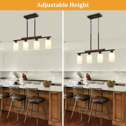 Farmhouse Island Lights for Kitchen Black Dining Room Light Fixtures Over Table with White Shade Wood Linear Chandelier Lighting with Adjustable for Kitchen Island Dining Room