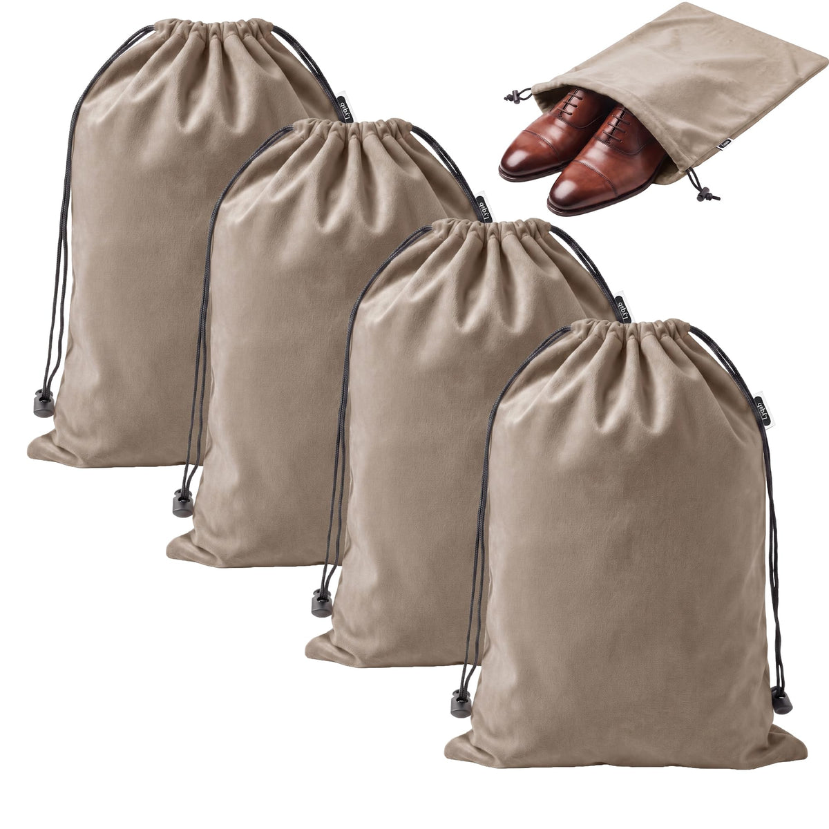 4 Pack Velvet Cloth Shoe Bags for Travel & Packing for Women & Men (Taupe)