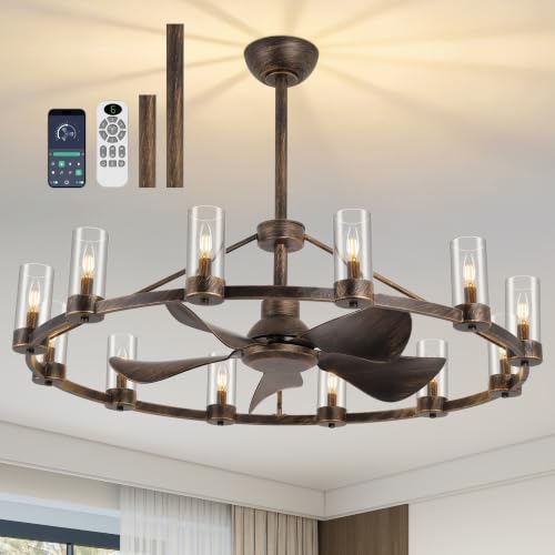 44" Wagon Wheel Chandelier Ceiling Fan with 12 Lights
