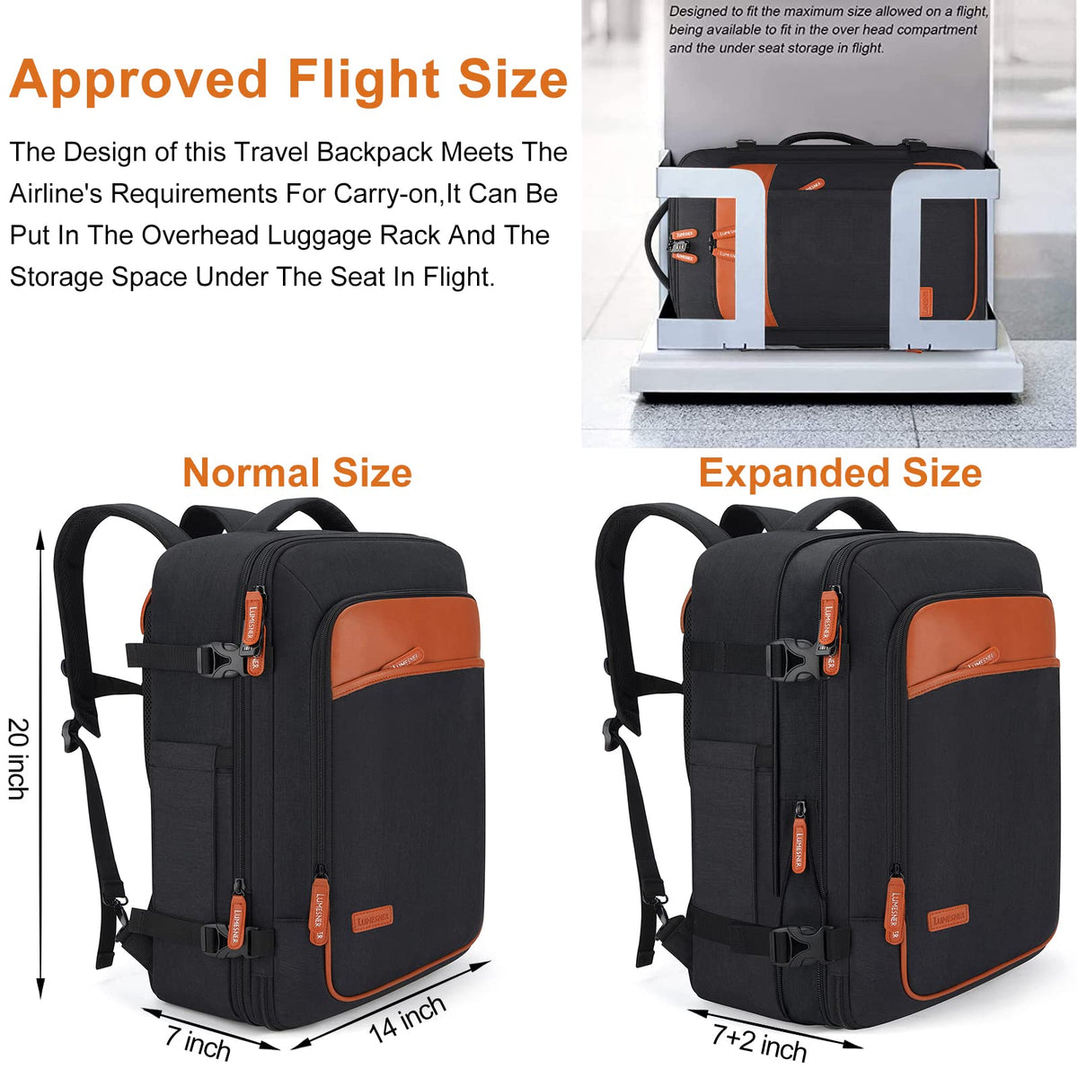 40L Expandable Travel Backpack (Black / 20 inches)