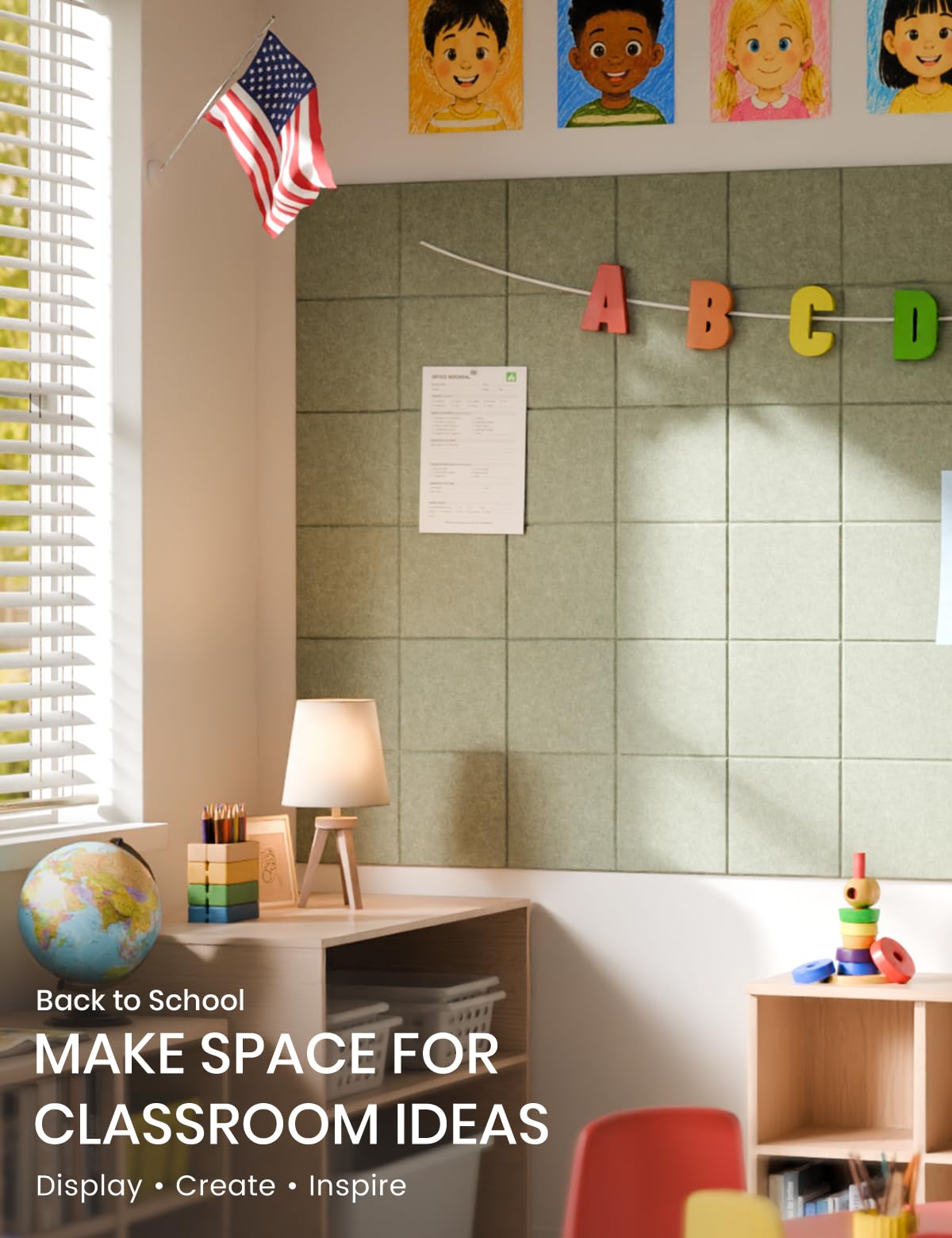 Felt Bulletin Board & Cork Board Alternative 36'' x 24'' (Sage Green / 4-compartment 6-pack)