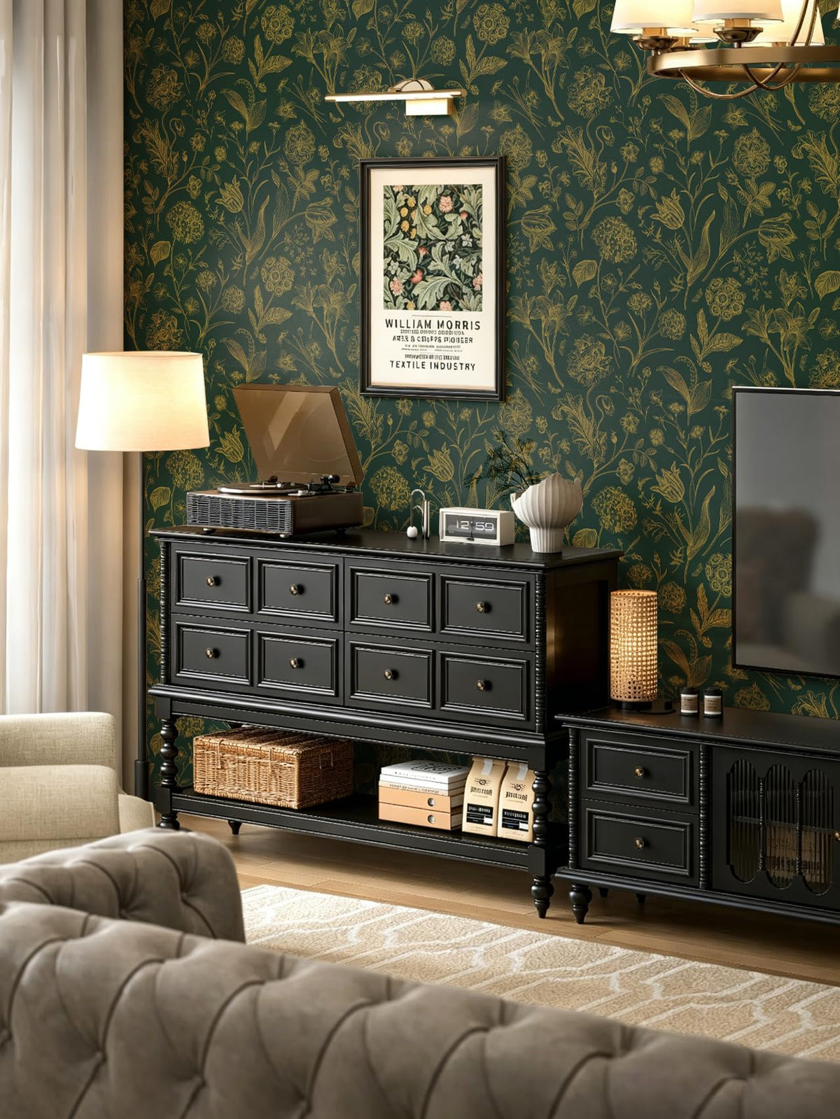 Dark Green and Gold Floral Peel and Stick Wallpaper 17in x118in (Green/Gold / 17.3" x 118.1")