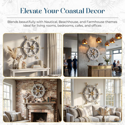 Coastal Voyage Antique White Finish Vintage Wooden Ship Wheel Nautical Wall Decor (White / 18"L x 18"W)