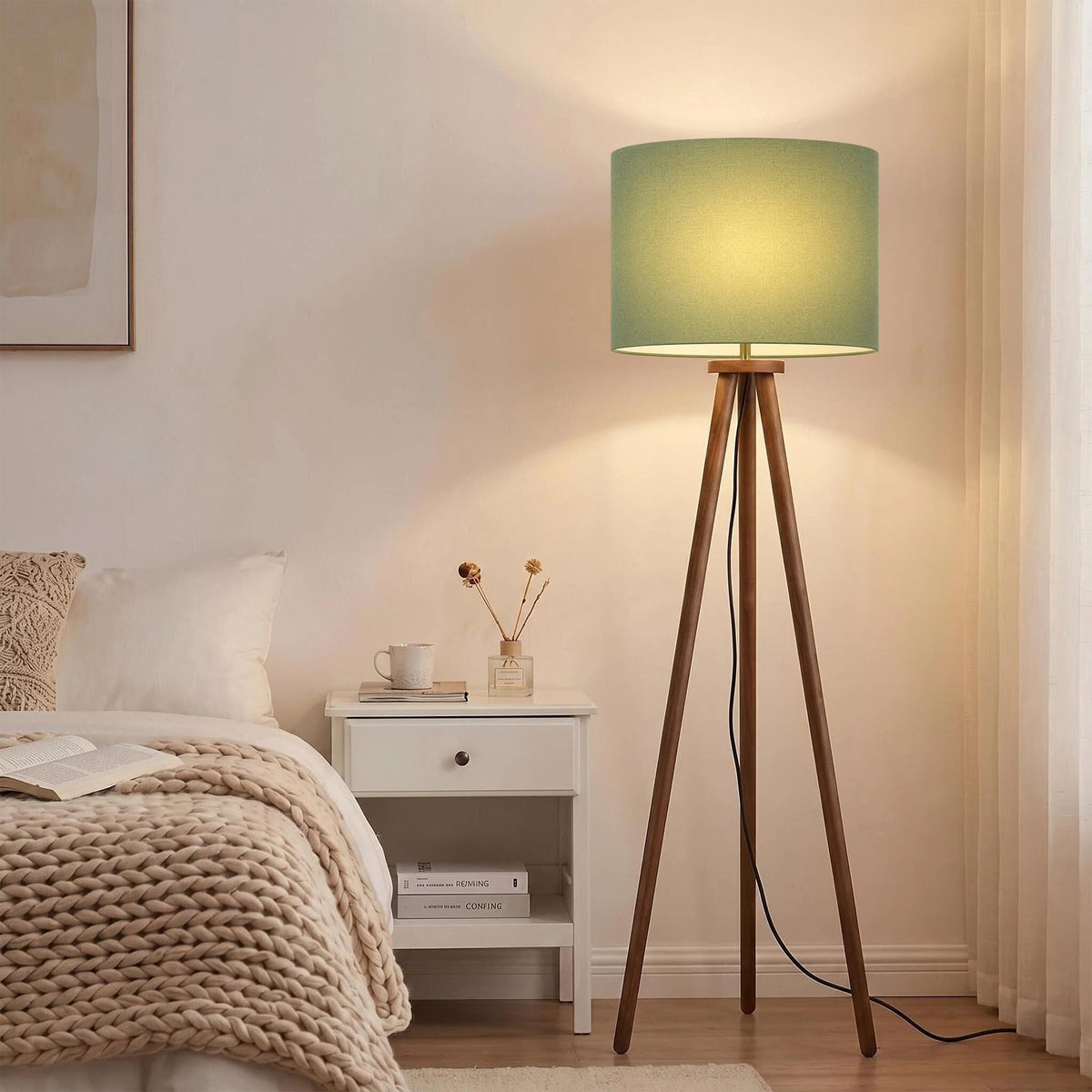 60.6 Inch Walnut Wood Tripod Floor Lamp with Linen Drum Shade (Green)