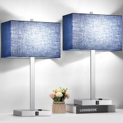 21" Set of 2 Touch Control Table Lamps with 2 USB & AC Outlets