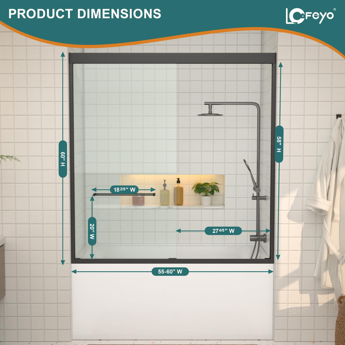 Double Sliding Glass Bathtub Shower Door 55 (Black / 60''x62'')