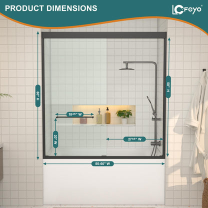 Double Sliding Glass Bathtub Shower Door 55 (Black / 60''x62'')