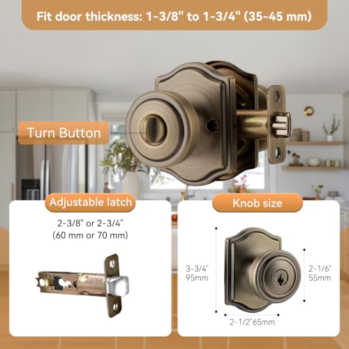 Antique Brass Door Knobs with Lock and Keys for Exterior Door