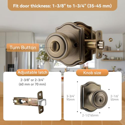 Antique Brass Door Knobs with Lock and Keys for Exterior Door
