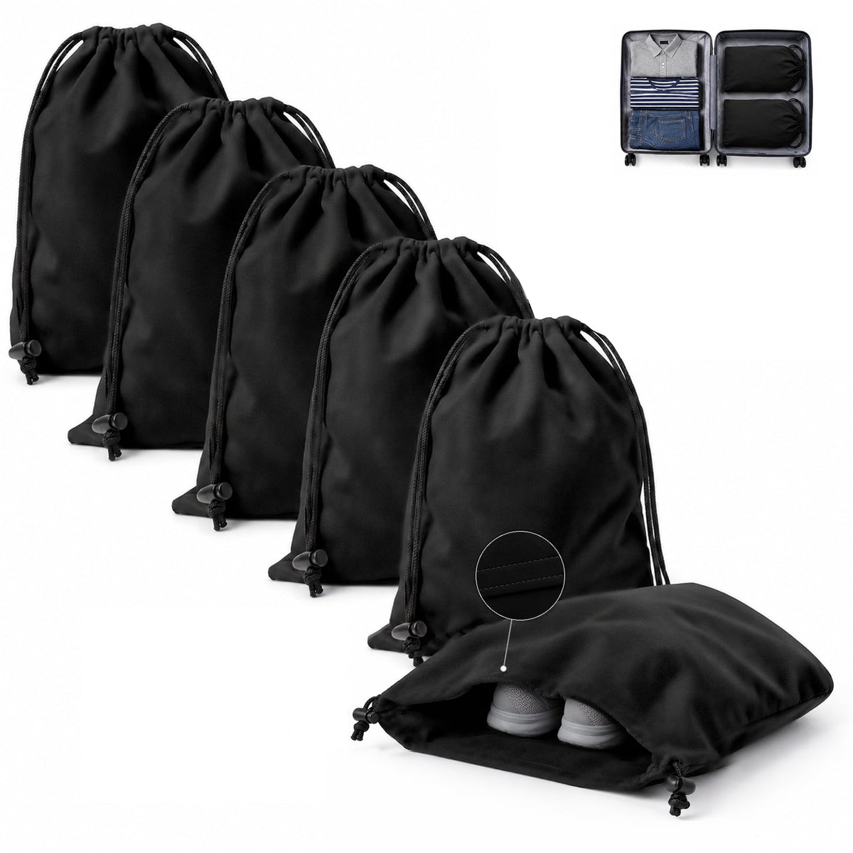 6 Pack Premium Velvet Shoe Bags for Travel & Packing in Suitcases (Black)