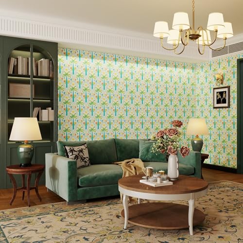 Tropical Peel and Stick Wallpaper Blue Coastal Palm Tree Seashells Shrimp Ocean Pattern Wall Paper for Bedroom Bathroom Playroom Removable Self