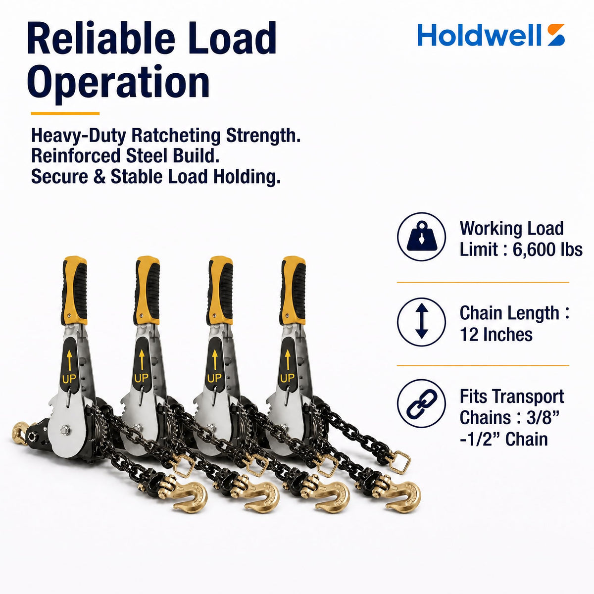 4 Pack 3/8"-1/2" EZ Ratchet Chain Binder with G70 Grab Hooks, Ratchet Load Binder Kit, 6600 lbs WLL Heavy Duty Cargo Tie Down for Flatbed Trailers & Trucks (3/8" - 1/2"(4 Pack))