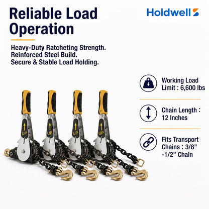 4 Pack 3/8"-1/2" EZ Ratchet Chain Binder with G70 Grab Hooks, Ratchet Load Binder Kit, 6600 lbs WLL Heavy Duty Cargo Tie Down for Flatbed Trailers & Trucks (3/8" - 1/2"(4 Pack))