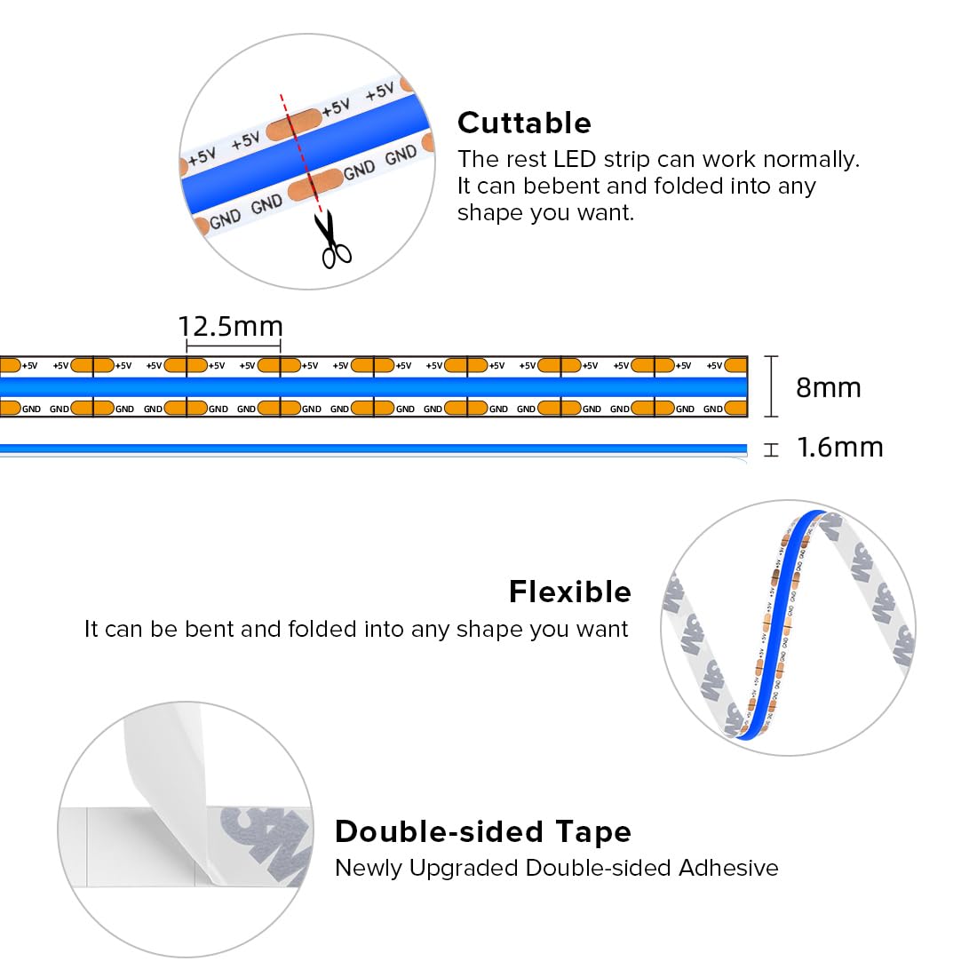 FCOB COB LED Strip Lights 5V USB Powered Blue Color for TV (Blue / 9.8FT)