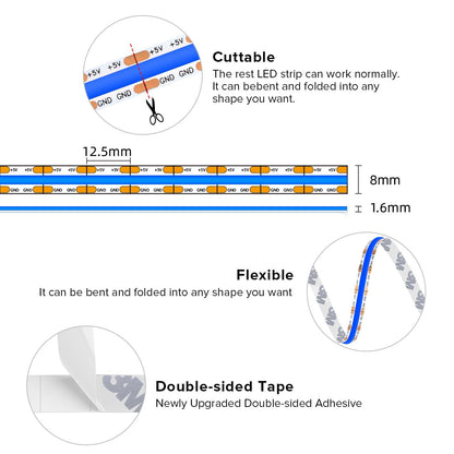 FCOB COB LED Strip Lights 5V USB Powered Blue Color for TV (Blue / 9.8FT)
