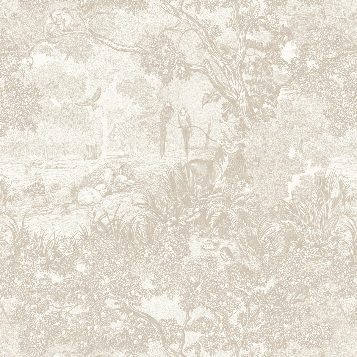 Peel and Stick Wallpaper Oatmeal Cream Vintage Forest Animals Floral Wallpaper Removable Self (Cream / 17.3" x 78.7")