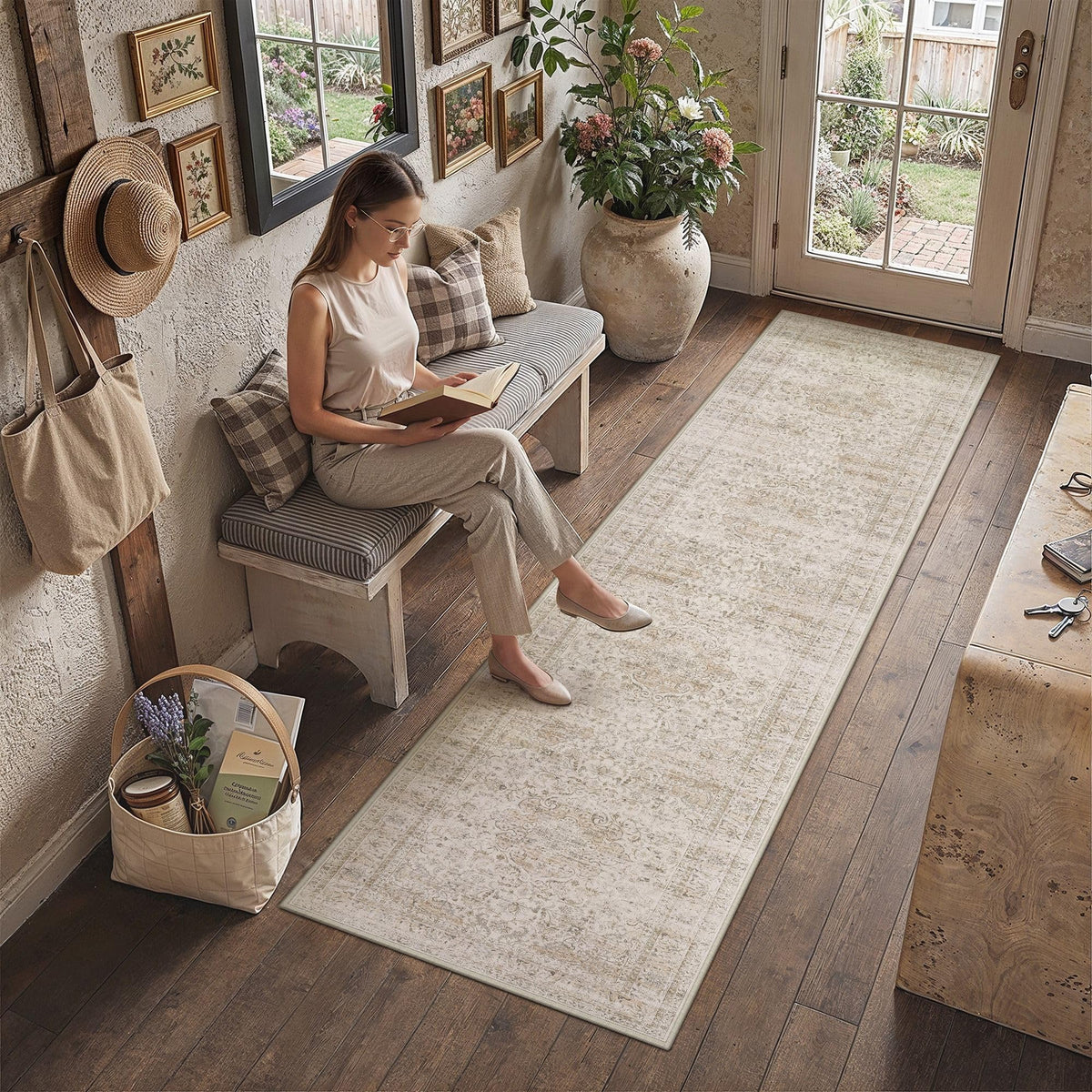 2.6'x10' Washable Runner Rug Beige Vintage Rug for Hallway (Light Beige / 2'7" x 10' (Runner))